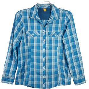 Eddie Bauer Women's Size L Blue Plaid Shirt Long Roll Tab Sleeve Button Up